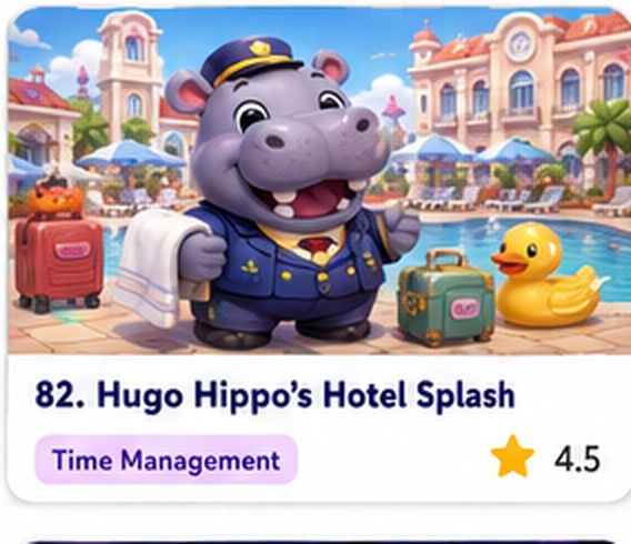 Hugo Hippo’s Hotel Splash — free hotel management game starring Hugo Hippo